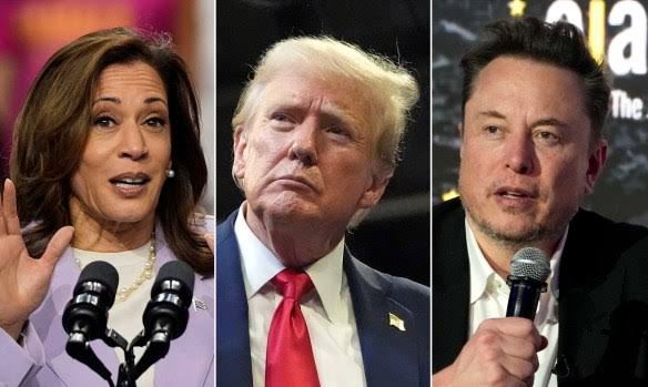 Trump, Elon Musk and Kamala Harris during election